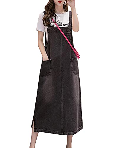 Shengwan Damen Langes Jeanskleid Lose Latzkleid Latzrock Jeansrock Trägerkleid Freizeitkleid Große Größe Schwarz 4XL von Shengwan