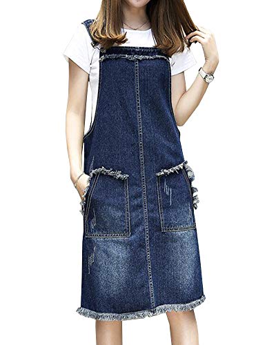 Shengwan Damen Lose Latzrock Jeans Latzkleid Trägerrock Jeansrock Overall Große Größe Dunkelblau 2XL von Shengwan