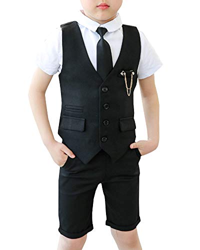 Shengwan Kinder Junge Anzug 4 Stück Sommer Hochzeit Anzüge Weste + Kurzarm Hemd + Kurze Hose + Krawatte Kinderanzug Festlich Outfit Schwarz 120cm von Shengwan