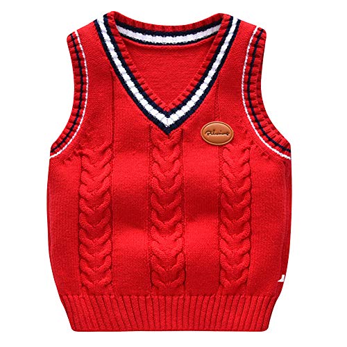 Shengwan Kinder Jungen Pullunder Gestrickte Weste V-Ausschnitt Strickweste Ärmellos Strickpullover Rot 110 von Shengwan