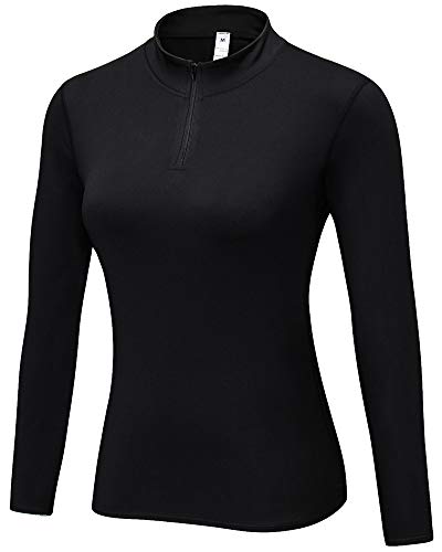 Shengwan Laufshirt Damen Langarm Damen Schnell Sports Kompressionsshirt Funktionsshirts mit Reißverschlusskragen Schwarz M von Shengwan