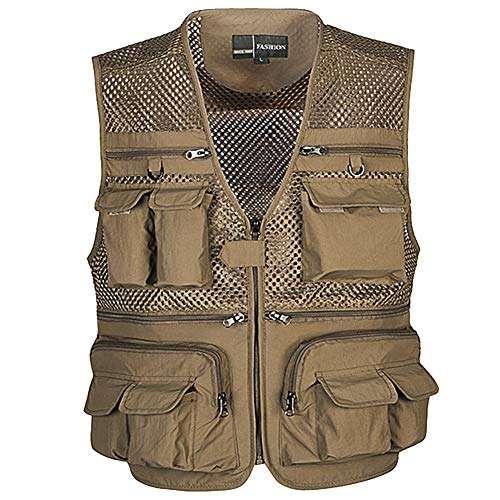 Shengwan Outdoorweste Herren Sommer Multi-Taschen Anglerweste Atmungsaktive Netzweste für Angeln Jagd Camping Fotografie Wandern Khaki XL von Shengwan