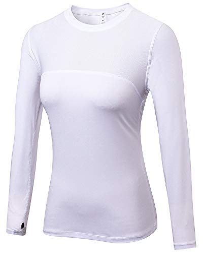Shengwan Sports Kompressionsshirt Damen Schnell Trocknend Funktionsshirts Base Layer Langarm Laufshirt Weiß M von Shengwan