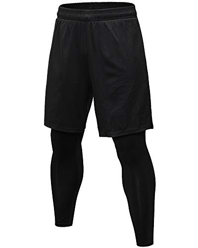Sport Leggings Herren Laufhose Long Tights Quick Dry Kompression Hose für Fitness Gym Joggen mit Shorts 2 in 1 Schwarz L von Shengwan