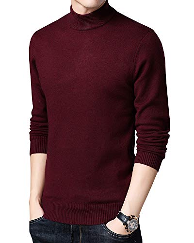 Strickpullover Herren Halbrollkragen Warm Pullover Solid Color Winterpullover Sweater Pulli Weinrot XL von Shengwan
