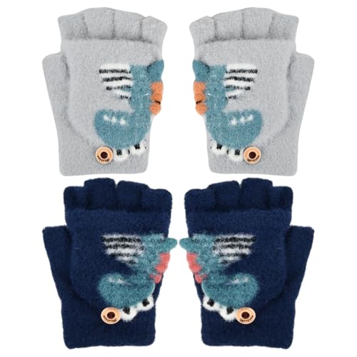 Shengxi 2 Paar Kinderhandschuhe Winter, Flip Top Handschuhe Warme Winterhandschuhe Halbfinger Fäustlinge für Jungen Mädchen Fäustlinge mit Knopfleiste, 3-10 Jahre (Grau, Marineblau) von Shengxi