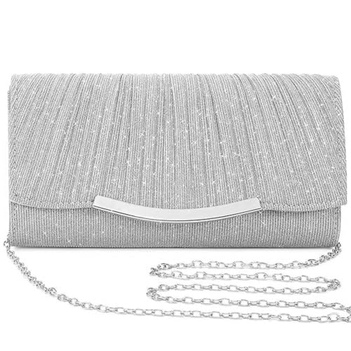 Shengxi Damen Abendtasche Clutch Elegant Pailletten Abendtasche mit Abnehmbarer Kette Glitzer Abendtasche Silber Handtasche Umhängetasche für Hochzeit Party Bankett von Shengxi