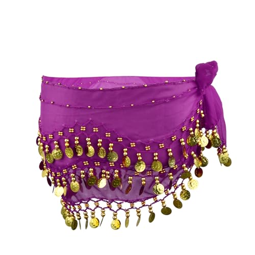 Shengxi Damen Bauchtanz Gürtel, Professionelles Bauchtanz Kostüm Chiffon Hüfttuch mit 128 Goldene Münzen, Sexy Tanztuch Bauchtanz Bauchtanz Rock für Show Party Feier (Lila) von Shengxi