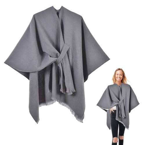Shengxi Damen Strick Ponchos Elegant Poncho Schal Reversibel Capes Decke Vorne öffnen Warme Wrap Cardigans Gestrickter Mantel (DE/NL/SE/PL, Alphanumerisch, Einheitsgröße, Regular, Regular, Grau) von Shengxi