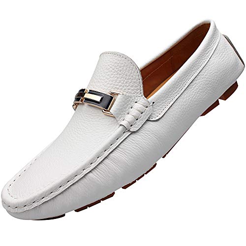 rismart Herren Schlüpfen Fahrendes Auto Wohnungen Schnalle Leder Slipper Mokassins Weiß,41.5 EU von rismart