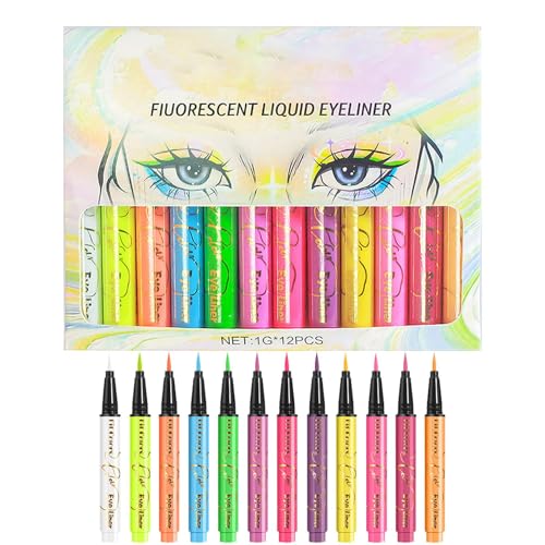 Wasserfester Eyeliner, farbiger Eyeliner - Wasserfester fluoreszierender Eyeliner-Gesichtsglitzer - Langlebige pigmentierte grafische Liner, 12 Farben UV-Neon-Flüssigkeits-Eyeliner-Set von Shenrongtong