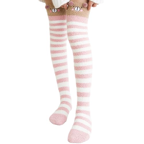 shenrongtong Flauschige, oberschenkelhohe Socken, oberschenkelhohe, flauschige Socken für Damen,Cartoon-Tier-Korallen-Fleece-Streifen, extra lang, warm, dick, hohe lange Stiefelstrümpfe - von Shenrongtong