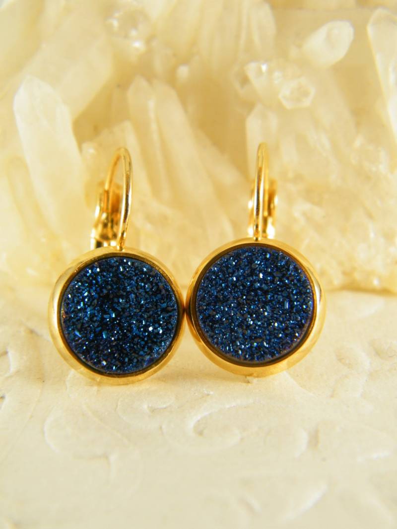 Druzy Ohrringe, Dunkelblaue Baumseider Stein Drusy Schmuck, Edelstein Brautjungfer Funkelnde Ohrringe von SheriEthnicJewelry