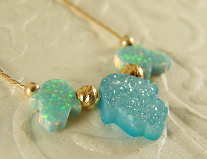 Hamsa Halskette, Druzy Anhänger, Blauer Opal Hamsa, Gold Gefüllt Blau Druzy Fatima Handschmuck, Auge Halskette von SheriEthnicJewelry