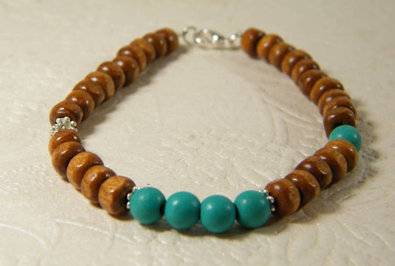 Männer Armband, Holz Türkis Stretch Braun Blau Schmuck, Unisex Perlen von SheriEthnicJewelry