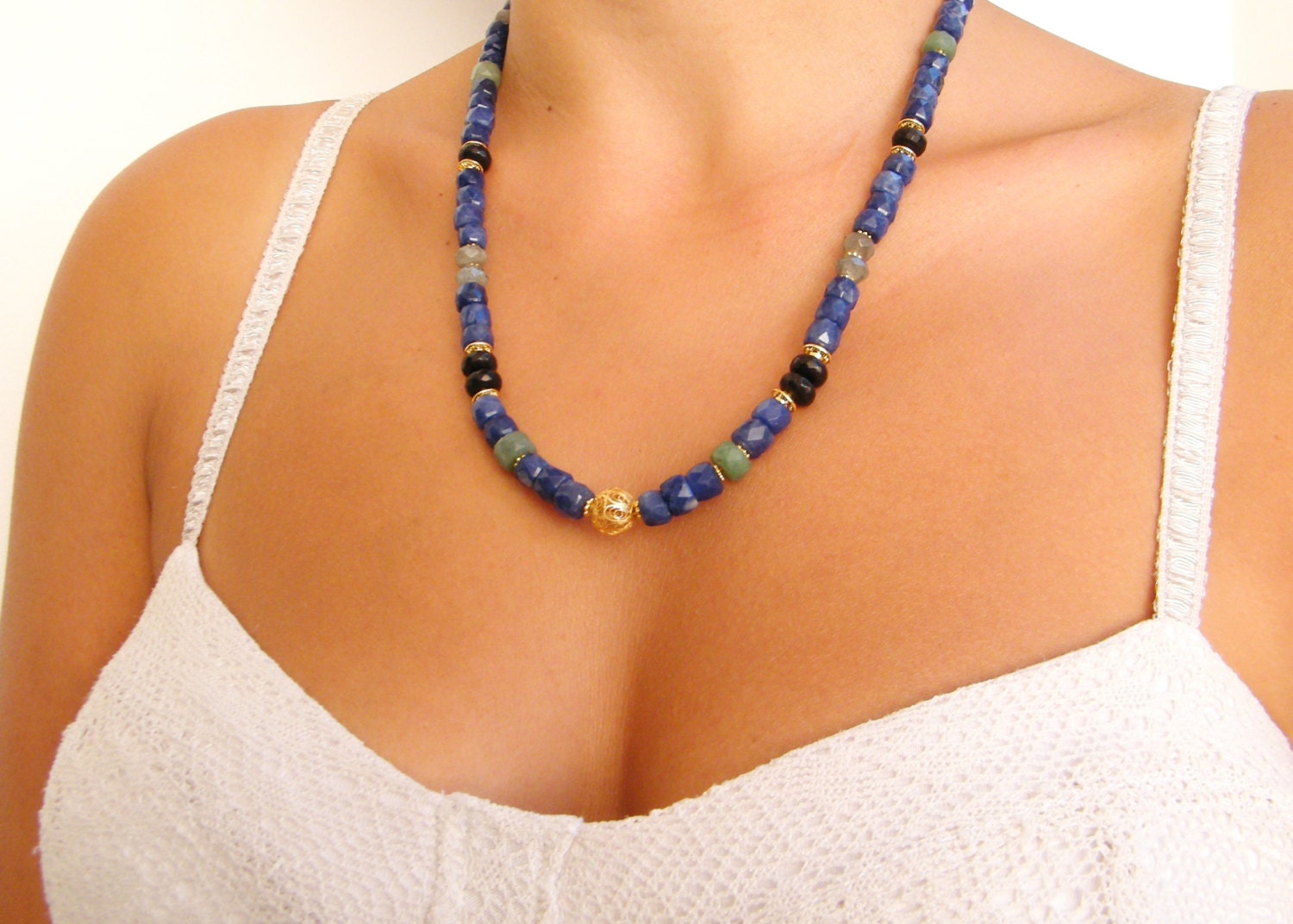 Unisex Blau Edelstein Lange Halskette von SheriEthnicJewelry