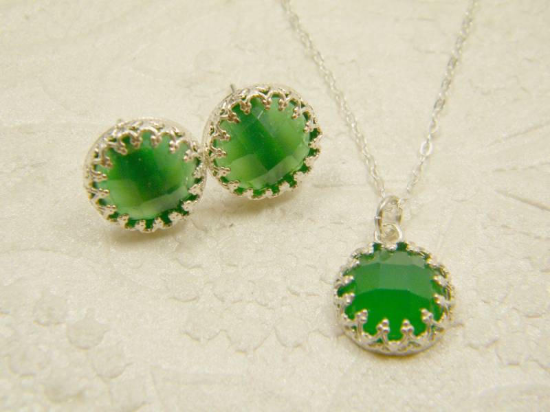 sterling Silber Set, Grüne Achat Halskette, Ohrstecker Edelstein Ohrringe von SheriEthnicJewelry