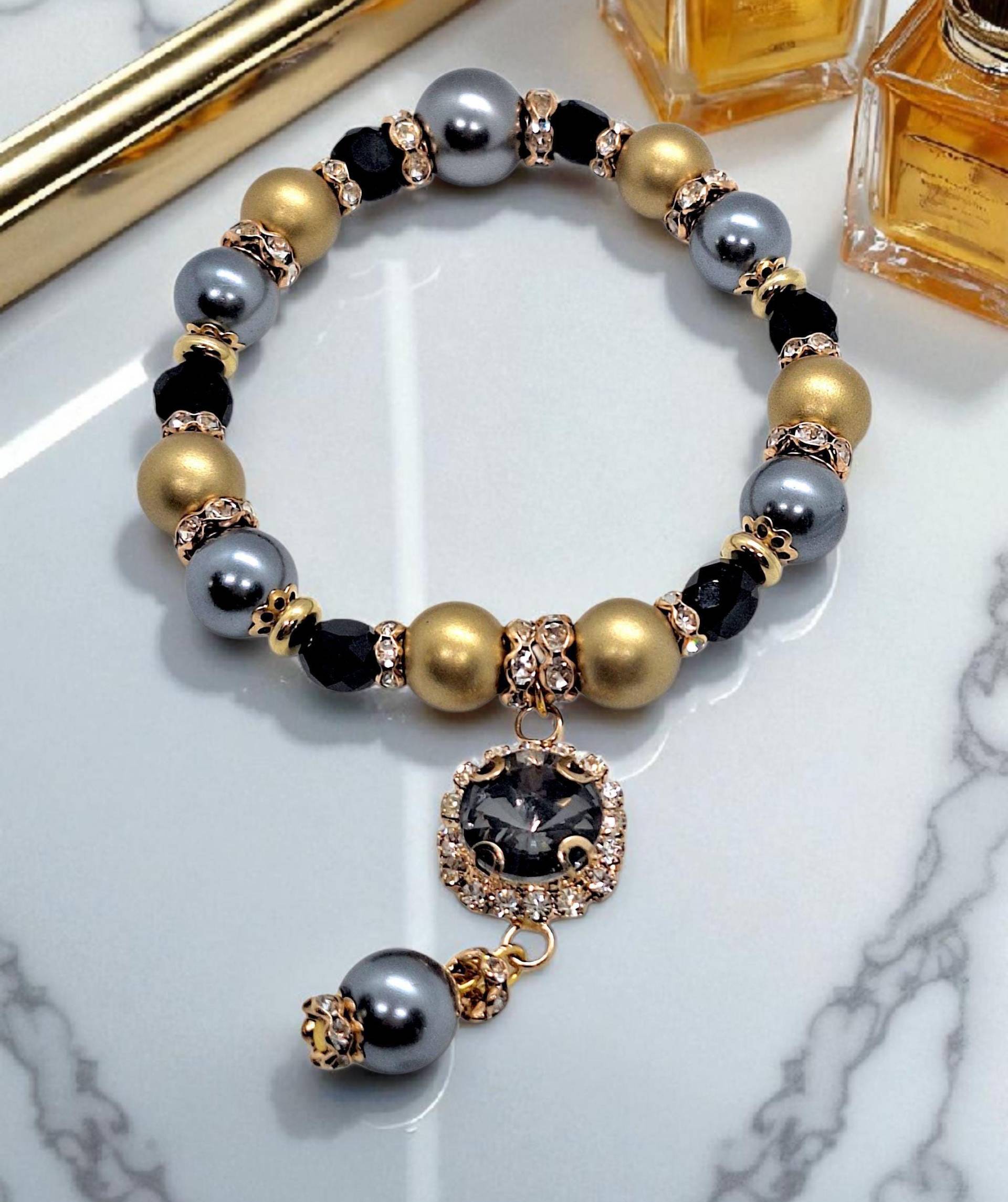 Handmade Christmas Gift Special - 20% Off+ Free Box, Elegant Women Bracelet, Gold Grey Black Beads, Crystal Charm, New Year Jewelry von SherlyPearlyJewelry