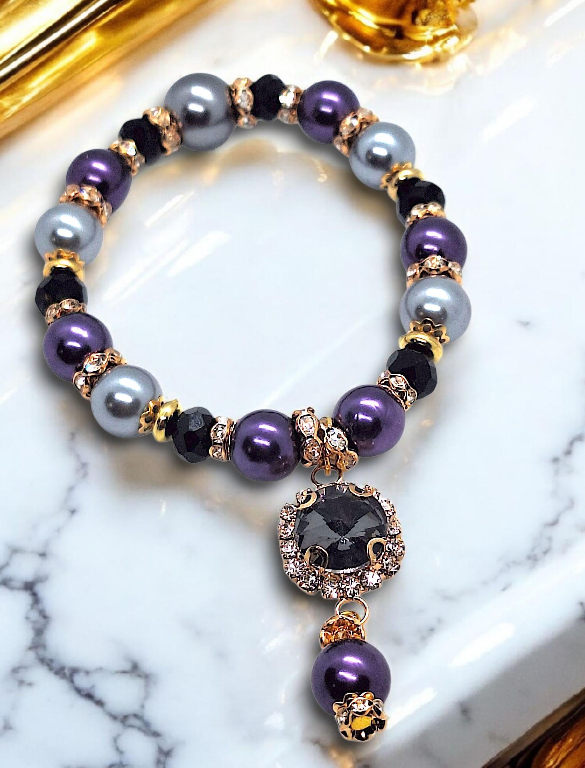 Handmade Christmas Gift Special - 20% Off+ Free Box, Elegant Women Bracelet Grey Black Purple Beads, Crystal Charm, New Year Jewelry von SherlyPearlyJewelry
