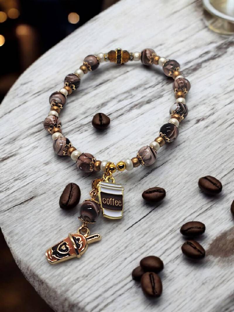 stylish Beaded Bracelet Elastic Fake Coffee Beans Coffeeshop Barista Break Boho Jewelry Accessoires Café To Go Gift Woman Coffeelover Unique von SherlyPearlyJewelry