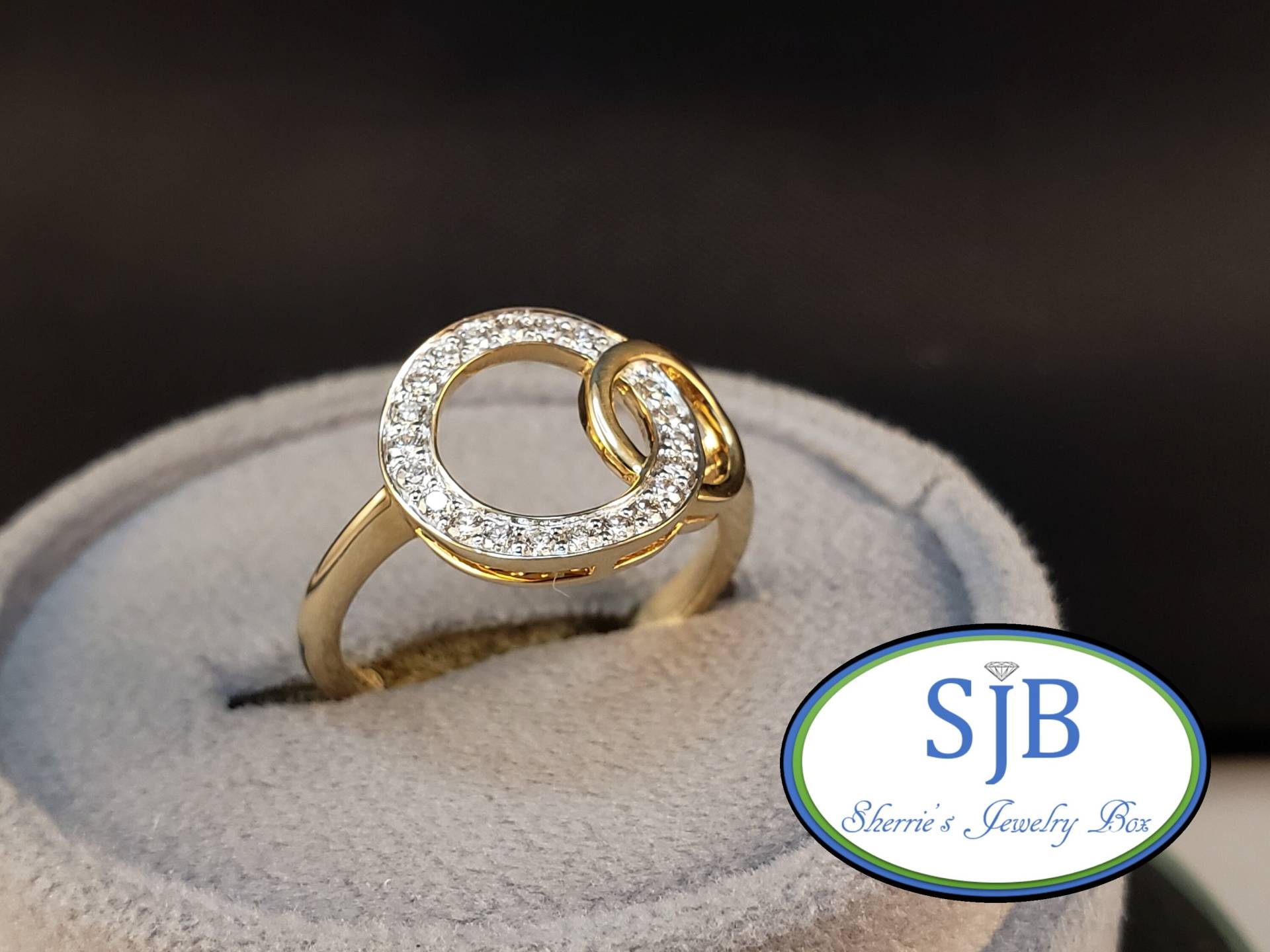 Diamantringe, 14K Doppelkreis Diamant Ring, Gelbgold Halo Statement April Geburtsstein, Größe 7, # R1024 von SherriesJewelryBox