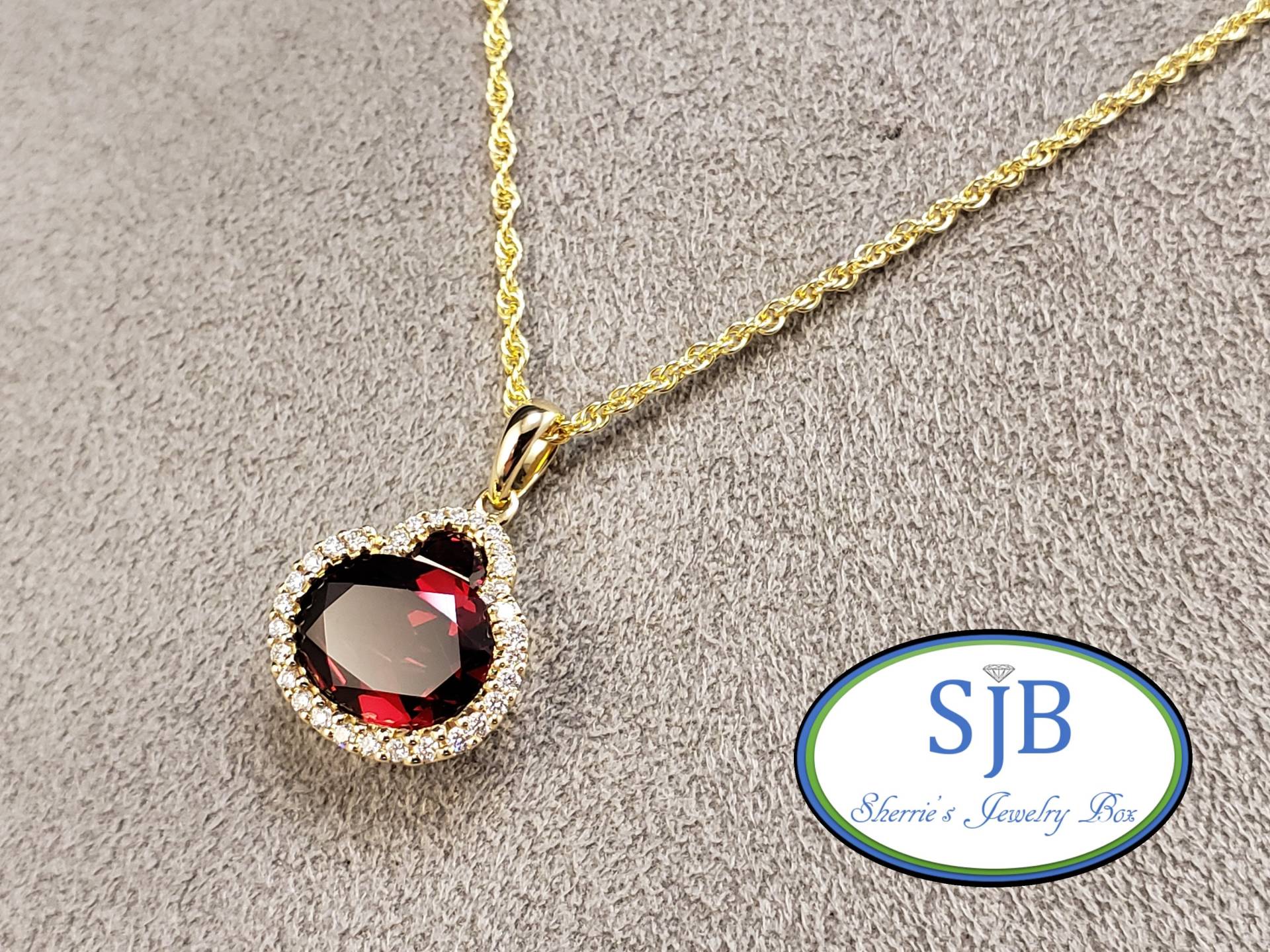 Granat Anhänger, 14K Gelbgold & Diamant Halo Und Januar Geburtssteine, # P1302 von SherriesJewelryBox