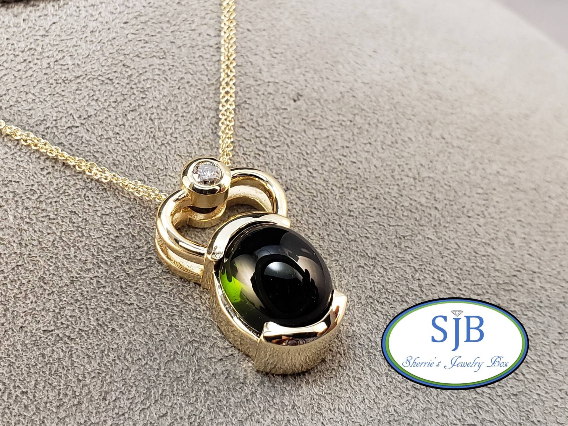 Grüner Turmalin Anhänger, 14K Gelbgold & Diamant Statement Oktober Geburtssteine, #p1335 von SherriesJewelryBox