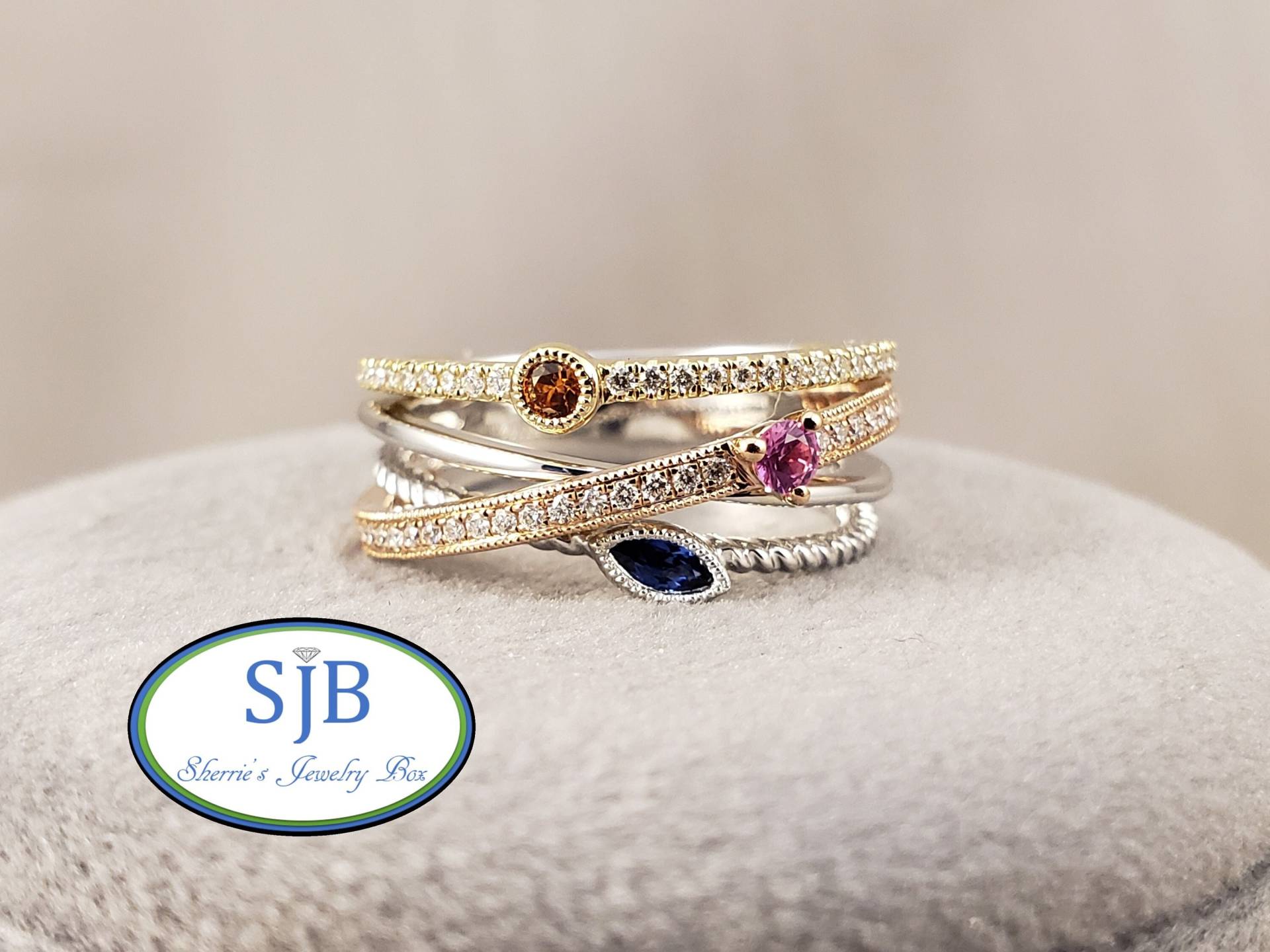 Saphire Ringe, 14K Multicolor Saphir & Diamantring, Weißgelb Rosegold Ring Mit Orange Rosa Und Blauen Saphiren, Größe 6.5 #r1017 von SherriesJewelryBox