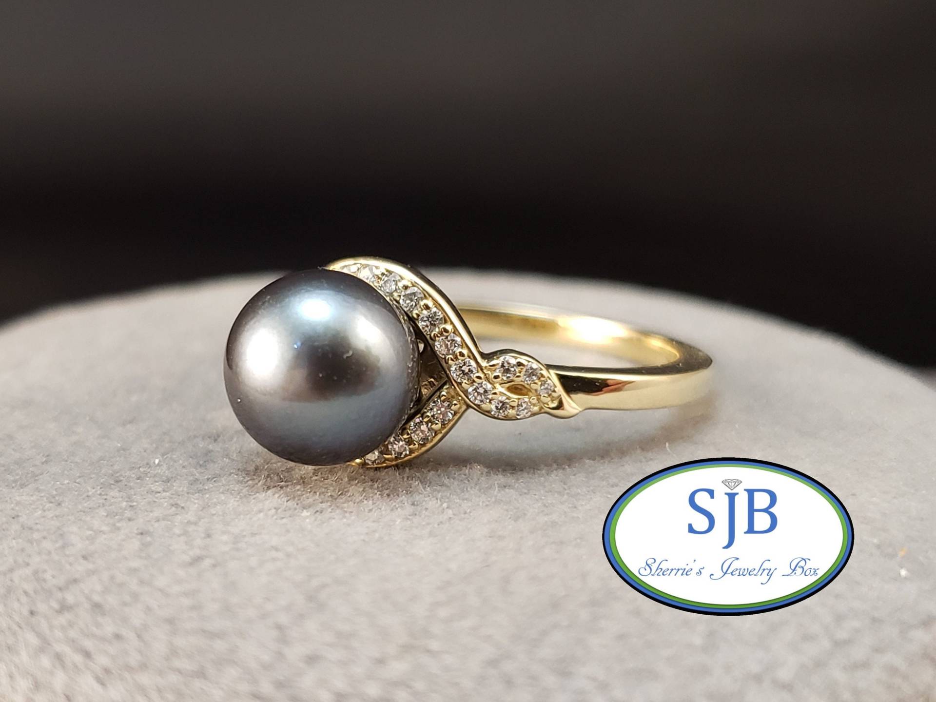 Tahitiperlen Ringe, 14K Gelbgold Schwarz Tahitiperle Und Diamant Halo Ring, & Perle Statement Perlen, Grösse 6.75, #r1064 von SherriesJewelryBox