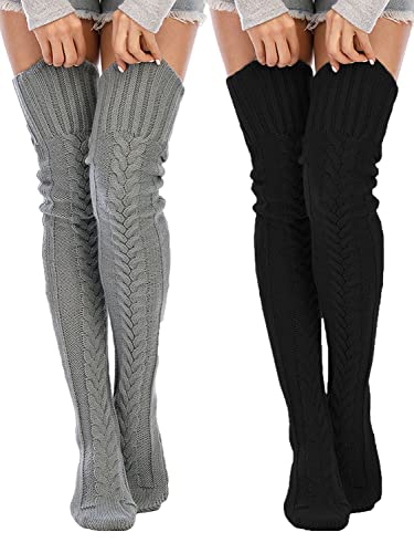 SherryDC Damen Zopfmuster Oberschenkelhohe Socken Winter Stiefel Strümpfe Extra Lang Overknee High Leg Warmers, 2 Stück (grau + schwarz), Einheitsgröße von SherryDC