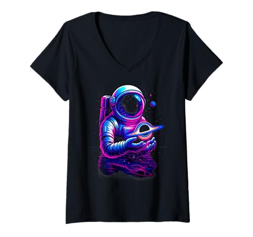 Damen Lustiger Astronaut hält EIN schwarzes Loch im Wasser Astrophysik T-Shirt mit V-Ausschnitt von Shertvibes Astronaut Holding a Small Black Hole
