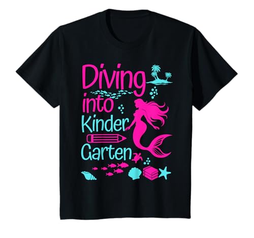 Kinder Back to School Kindergarten Meerjungfrau unter Meer Thema T-Shirt von Shertvibes Back To School Diving Into Mermaid