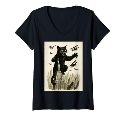 Damen Lustige Vintage Retro Katze klettert EIN Gebäude T-Shirt mit V-Ausschnitt Damen Lustige Vintage Retro Katze klettert EIN Gebäude T-Shirt mit V-Ausschnitt von Shertvibes Giant Cat