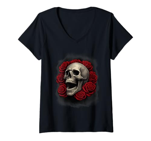Damen Retro Vintage Totenkopf rote Rosen Gothic Floral Grafik T-Shirt mit V-Ausschnitt von Shertvibes Retro Vintage Skull Red Roses Gothic