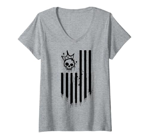 Damen US-Flagge und Totenkopf-Graffiti-Stil, vertikale Schwarze Flagge T-Shirt mit V-Ausschnitt Damen US-Flagge und Totenkopf-Graffiti-Stil, vertikale Schwarze Flagge T-Shirt mit V-Ausschnitt von Shertvibes US Flag Skull Crown Graffiti Style