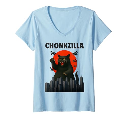 Damen Chonk Oh Lawd, He Comin' ChonkZilla Lustiges Katzen-Meme T-Shirt mit V-Ausschnitt von Shertvibes Very Fat Giant Cat Chonkzilla Parody