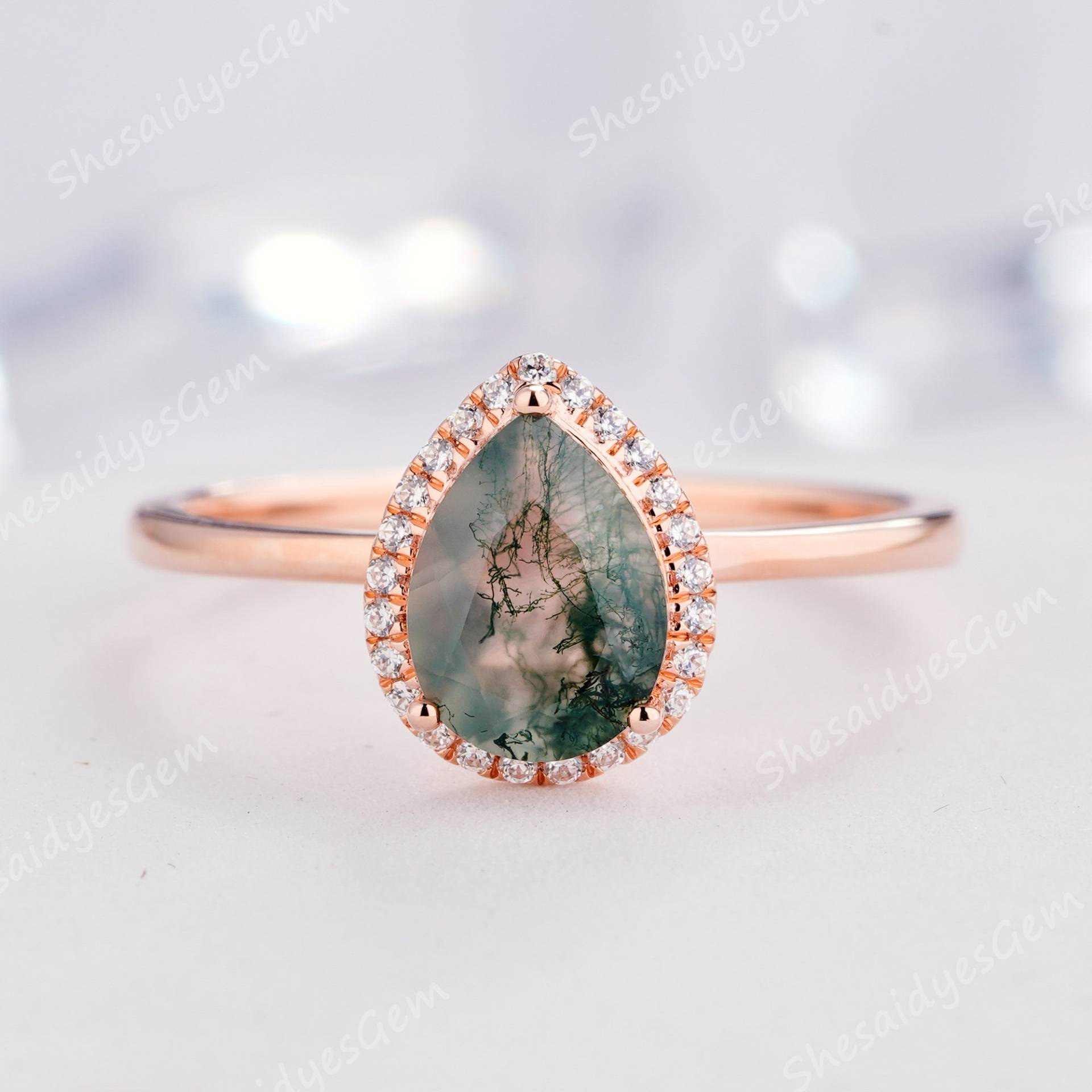 Vintage Pear Moss Achat Verlobungsring, 14K Rose Gold Grüner Ehering, Versprechen Jahrestag Halo Ring Geschenk von ShesaidyesGem