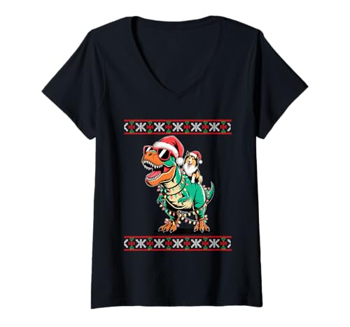 Damen Christmas Shetland Sheepdog T-Rex Dinosaur Sheltie T-Shirt mit V-Ausschnitt Damen Christmas Shetland Sheepdog T-Rex Dinosaur Sheltie T-Shirt mit V-Ausschnitt von Shetland Sheepdog Lover Gifts