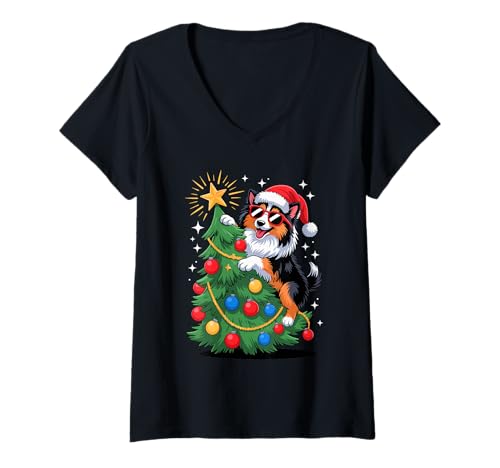 Damen Christmas Tree Shetland Sheepdog Sunglasses Sheltie T-Shirt mit V-Ausschnitt Damen Christmas Tree Shetland Sheepdog Sunglasses Sheltie T-Shirt mit V-Ausschnitt von Shetland Sheepdog Lover Gifts