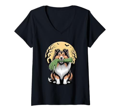 Damen Halloween Mond Zombie Hand Shetland Sheepdog Sheltie T-Shirt mit V-Ausschnitt Damen Halloween Mond Zombie Hand Shetland Sheepdog Sheltie T-Shirt mit V-Ausschnitt von Shetland Sheepdog Lover Gifts