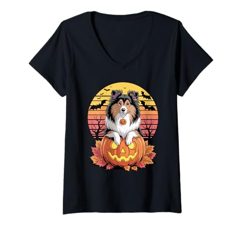 Damen Halloween Retro Shetland Sheepdog Sheltie T-Shirt mit V-Ausschnitt Damen Halloween Retro Shetland Sheepdog Sheltie T-Shirt mit V-Ausschnitt von Shetland Sheepdog Lover Gifts