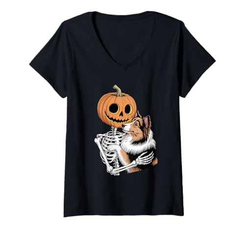 Damen Halloween Skeleton Shetland Sheepdog Sheltie T-Shirt mit V-Ausschnitt Damen Halloween Skeleton Shetland Sheepdog Sheltie T-Shirt mit V-Ausschnitt von Shetland Sheepdog Lover Gifts