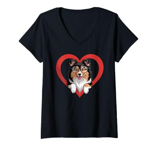 Damen Heart Shetland Sheepdog Glasses Sheltie T-Shirt mit V-Ausschnitt Damen Heart Shetland Sheepdog Glasses Sheltie T-Shirt mit V-Ausschnitt von Shetland Sheepdog Lover Gifts