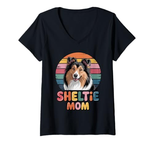 Damen Retro Sheltie Mom Shetland Sheepdog T-Shirt mit V-Ausschnitt Damen Retro Sheltie Mom Shetland Sheepdog T-Shirt mit V-Ausschnitt von Shetland Sheepdog Lover Gifts