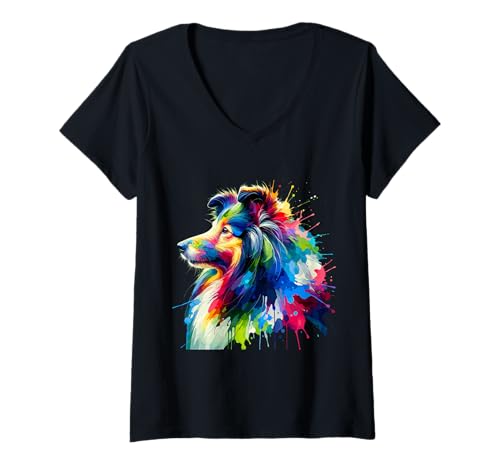 Damen Splash Art Shetland Sheepdog Sheltie T-Shirt mit V-Ausschnitt Damen Splash Art Shetland Sheepdog Sheltie T-Shirt mit V-Ausschnitt von Shetland Sheepdog Lover Gifts