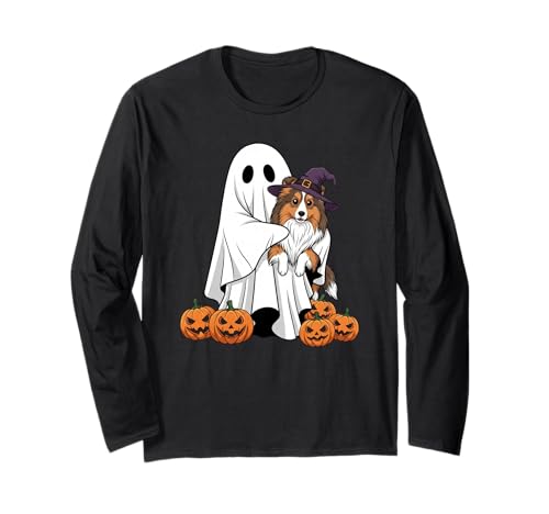 Lustiger Geist Shetland Sheepdog Kürbis Halloween Herren Damen Langarmshirt von Shetland Sheepdog Lovers Halloween Outfit Boy Girl