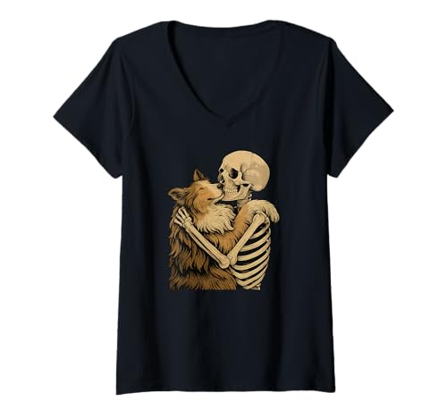Damen Skelett umarmt Sheltie Dog Halloween T-Shirt mit V-Ausschnitt Damen Skelett umarmt Sheltie Dog Halloween T-Shirt mit V-Ausschnitt von Shetland Sheepdog Mom Tee