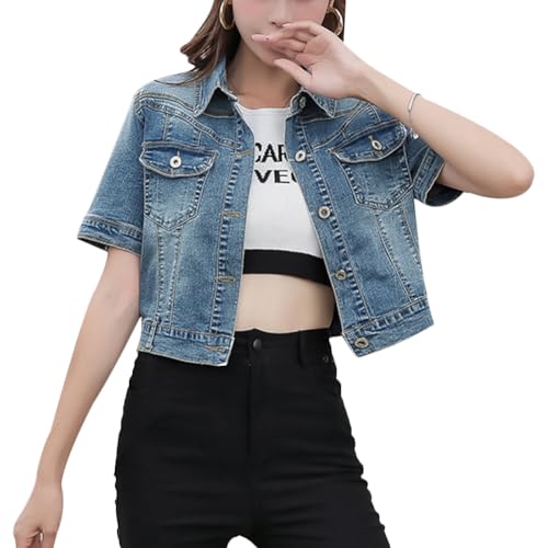 Jeansjacke in Übergröße für Damen, kurze Ärmel, Button-Down-Jeansjacken, dunkelblau, M von Shevog