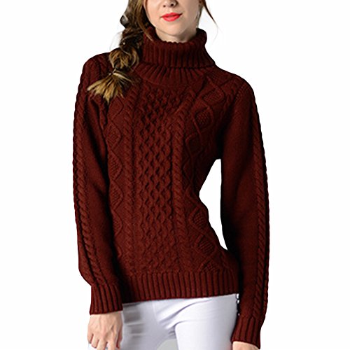 Shevog Damen Rollkragenpullover Sweater Strickpullover High Rollkragen Warm Langarm Top, weinrot, 36-38 von Shevog