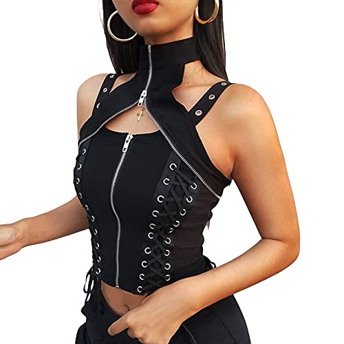 Shevog Gothic Weste Tank Crop Top für Frauen ärmellos Schnürer Neckholder Reißverschluss Cami Shirt, Schwarz , 38-40 von Shevog